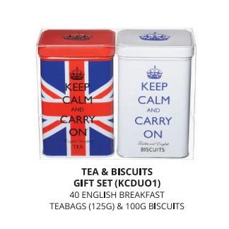 IB -  KCDU01 - Keep Calm And Carry On Union Jack Tin & White Tin Set in Plastic Box Teabags & Biscuits