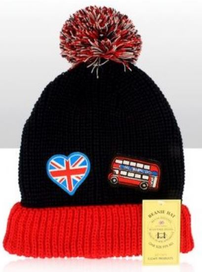 Beanie Hat - London Patches Union Jack Heart & Bus - 5pc